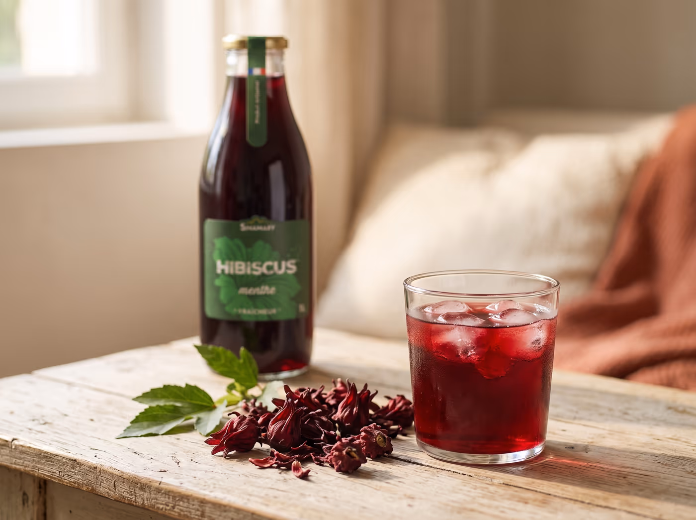 Verre de boisson d'hibiscus et fleurs d'hibiscus séchées sur une table en bois